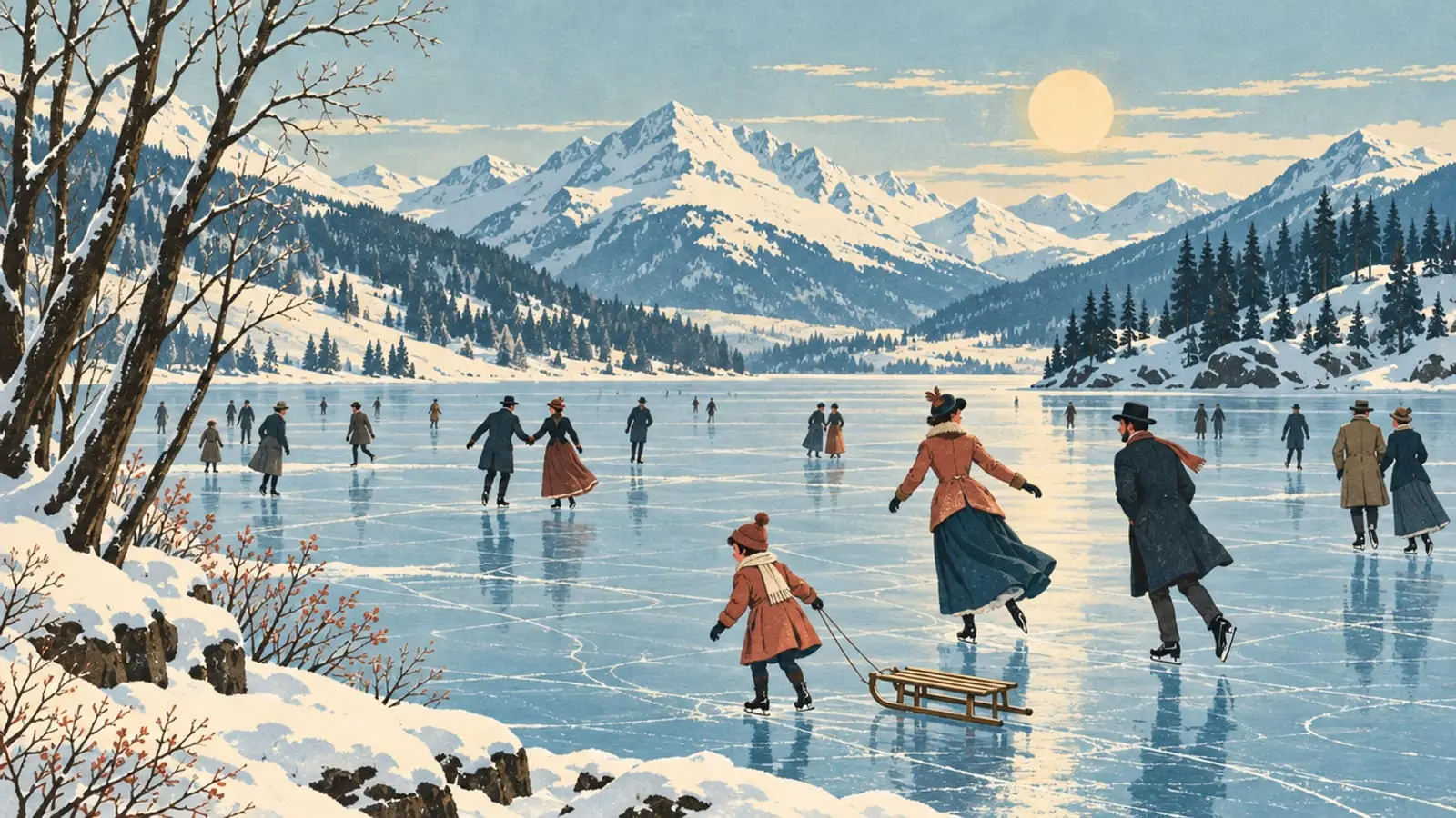 Illustration : des patineurs en tenue de la fin du XIXᵉ siècle sur un lac entièrement gelé.