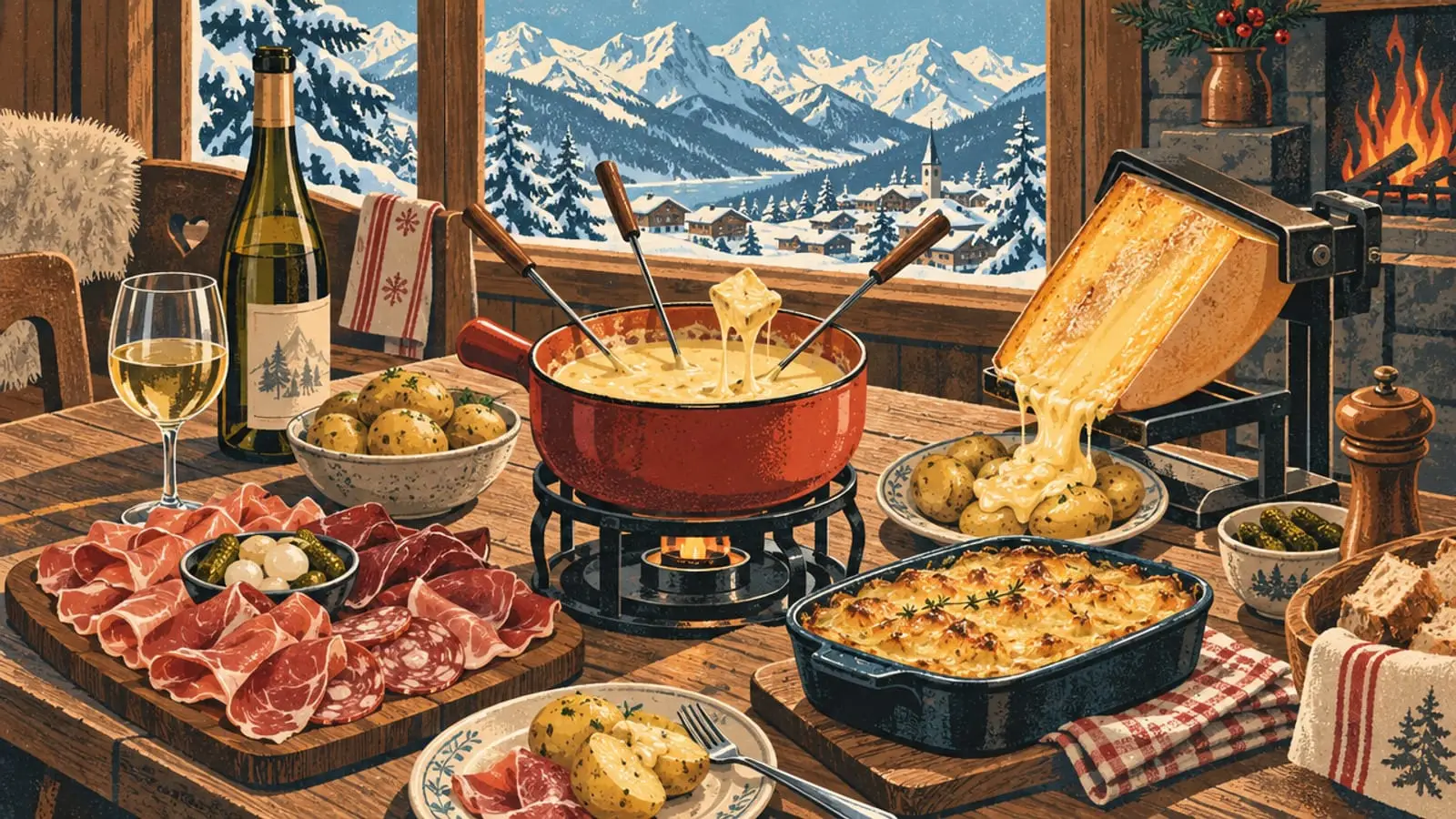 Illustration : une table de chalet avec fondue, raclette qui fond, gratin, charcuterie et vin blanc.