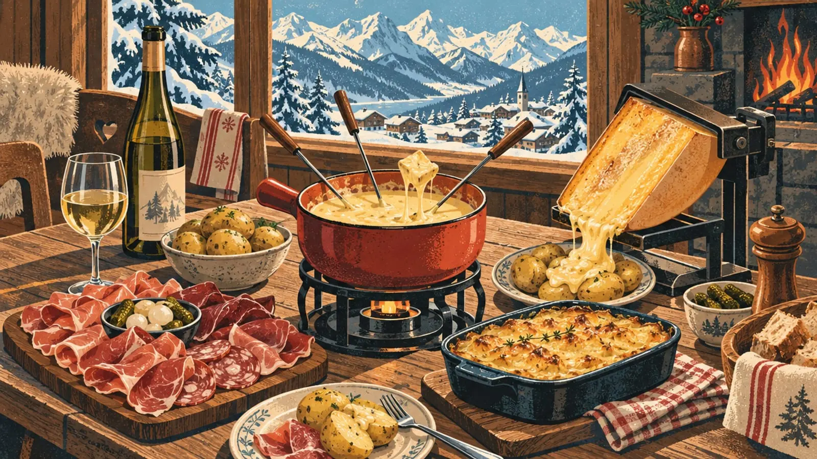 Illustration : une table de chalet avec fondue, raclette qui fond, gratin, charcuterie et vin blanc.