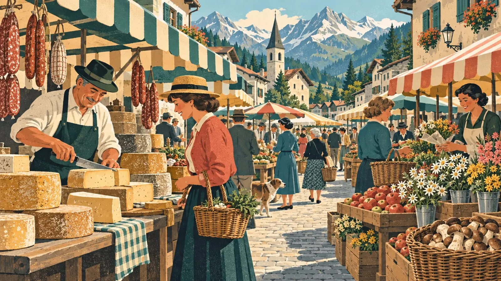Illustration : un marché du matin dans une rue de montagne, meules de fromage, saucissons, fleurs et paniers.