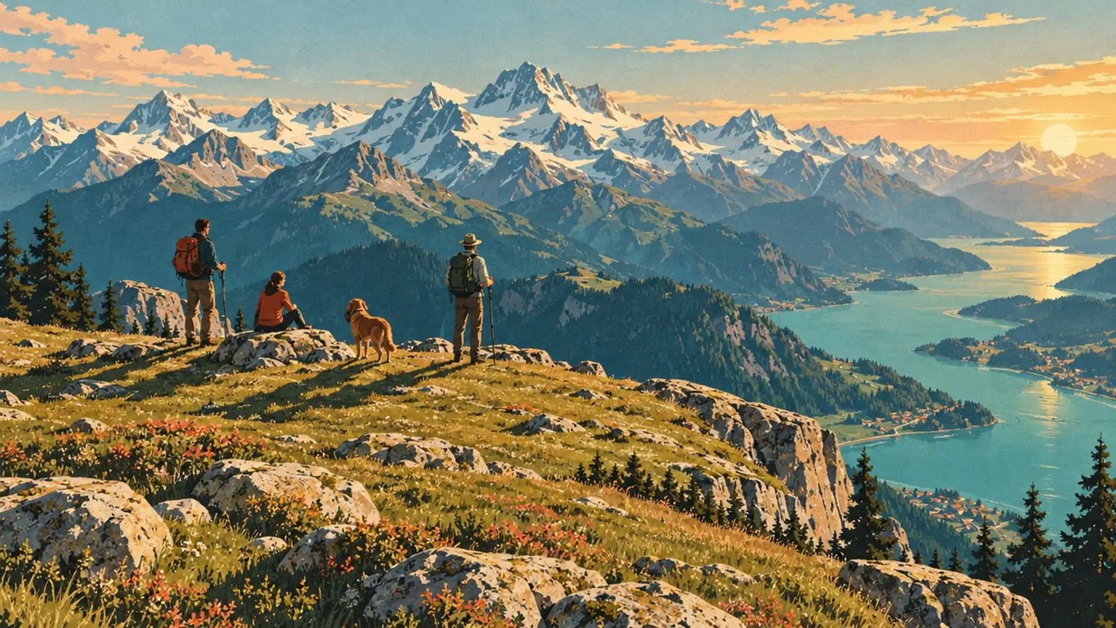 Illustration : des randonneurs sur un sommet herbeux face au panorama des Alpes enneigées, un lac en contrebas.