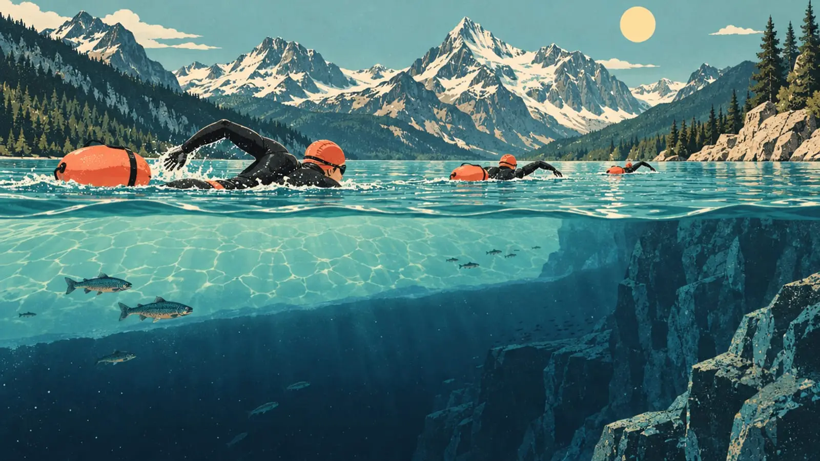 Illustration : des nageurs en eau libre avec bouées, et sous la surface une eau chaude au-dessus d’une eau froide.