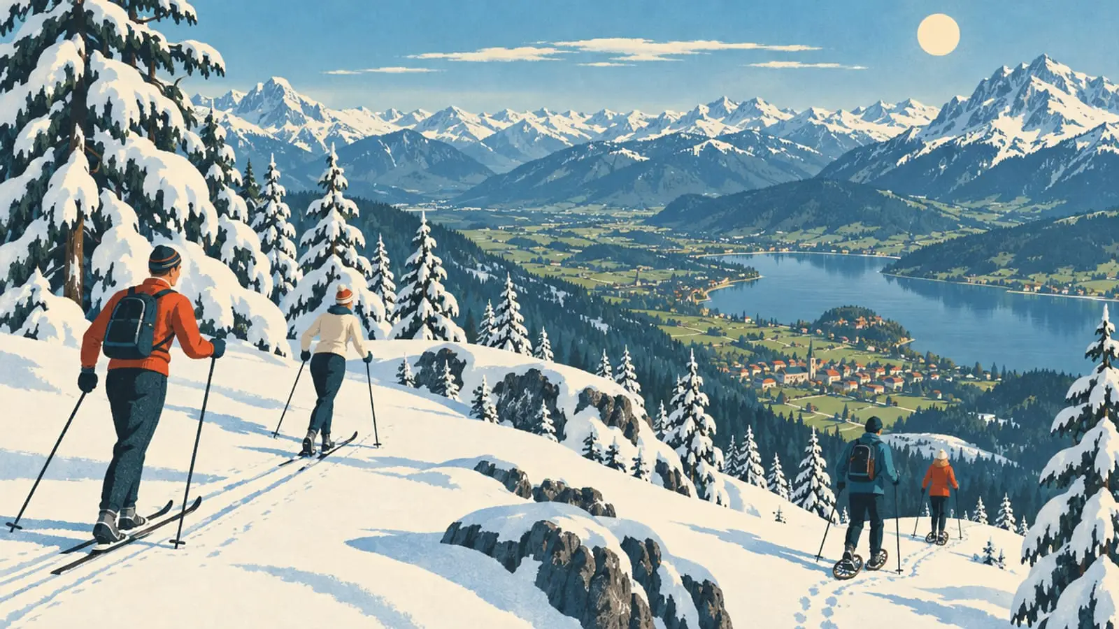 Illustration : skieurs de fond sur un plateau enneigé, et dans la vallée un lac et une ville sans neige.