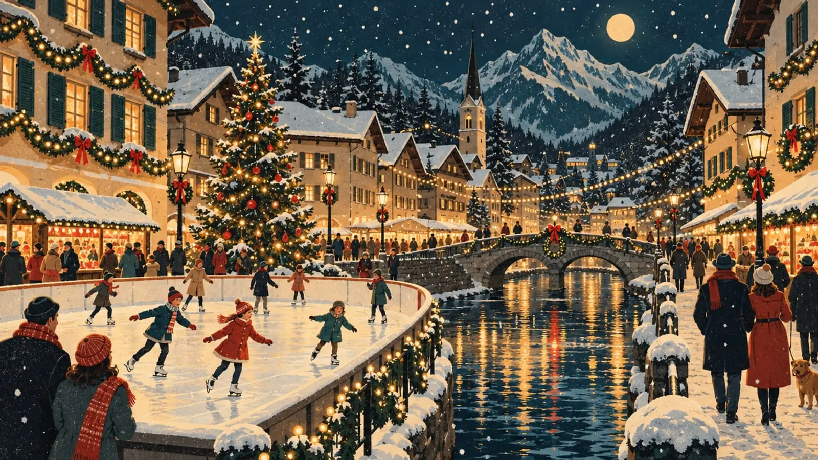 Illustration : une rue illuminée pour Noël, patinoire, sapin et canal sous une neige légère.