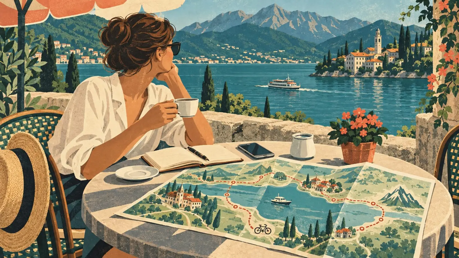 Illustration : une voyageuse en terrasse prépare son séjour avec un carnet et une carte illustrée du lac.