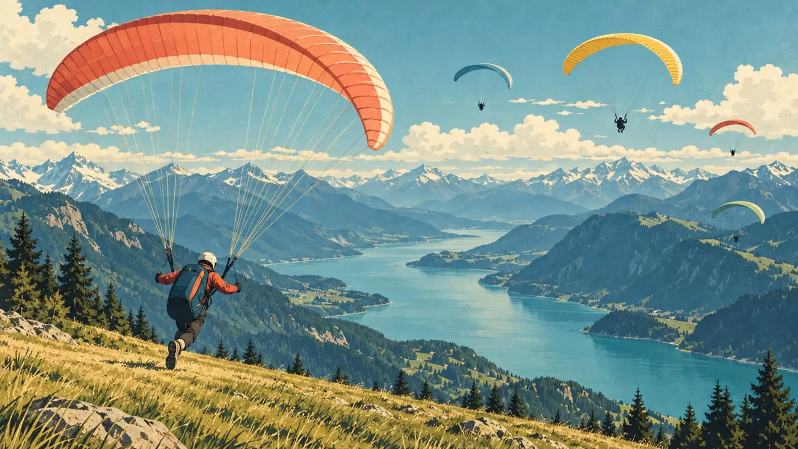Illustration : un parapentiste décolle d’une pente herbeuse au-dessus d’un long lac turquoise.