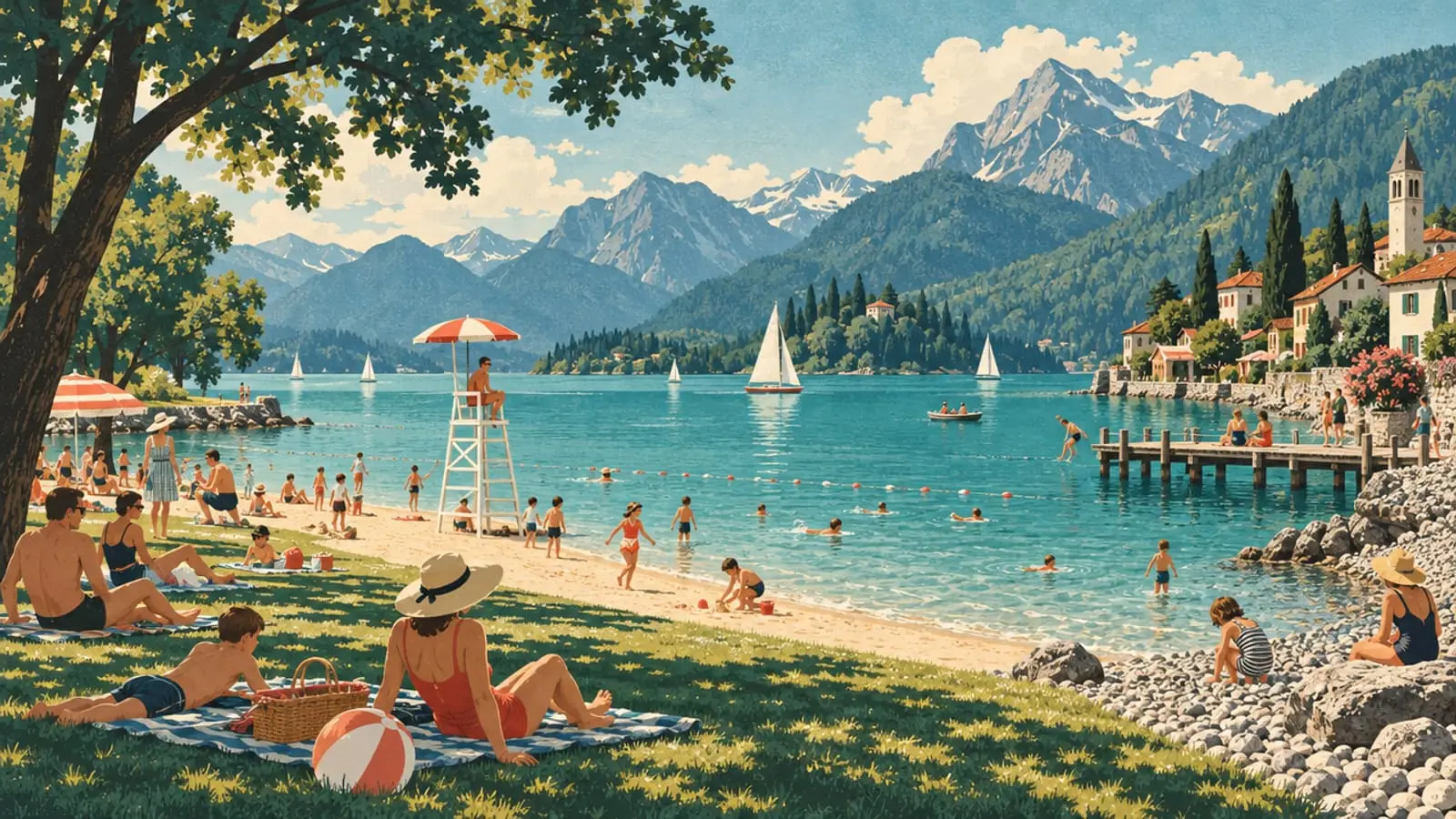 Illustration : plusieurs plages au bord d’un lac turquoise, pelouse, poste de surveillance et ponton de village.