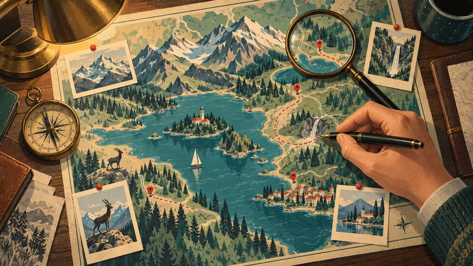 Illustration : une main trace un itinéraire sur une carte du lac, une loupe vérifie chaque lieu.