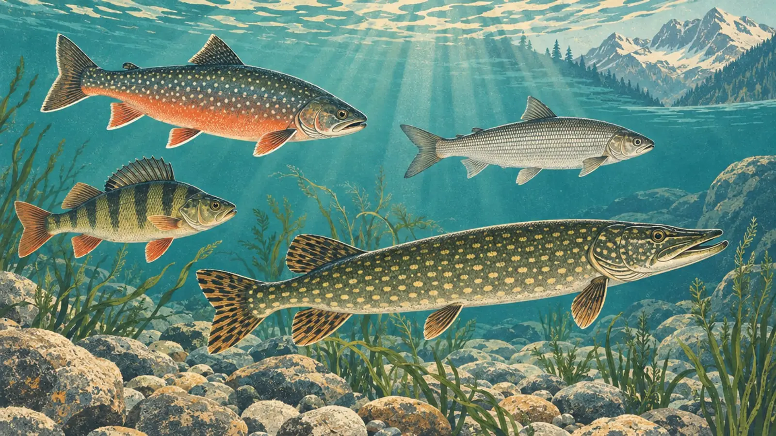 Illustration : féra, omble chevalier, perche et brochet nagent dans une eau claire au-dessus des galets.
