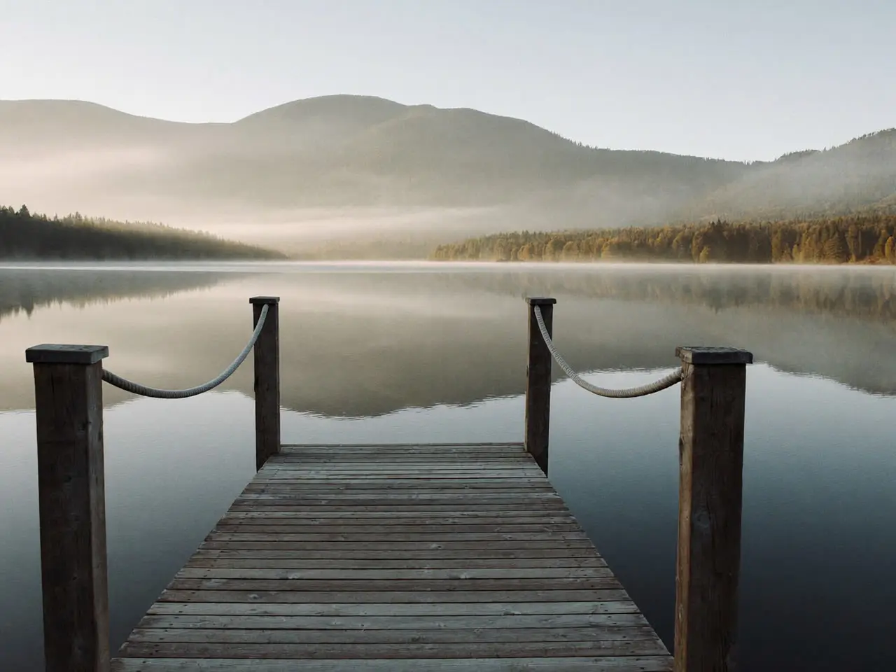 Ponton de bois s’avançant sur un lac immobile, collines noyées dans la brume du matin.