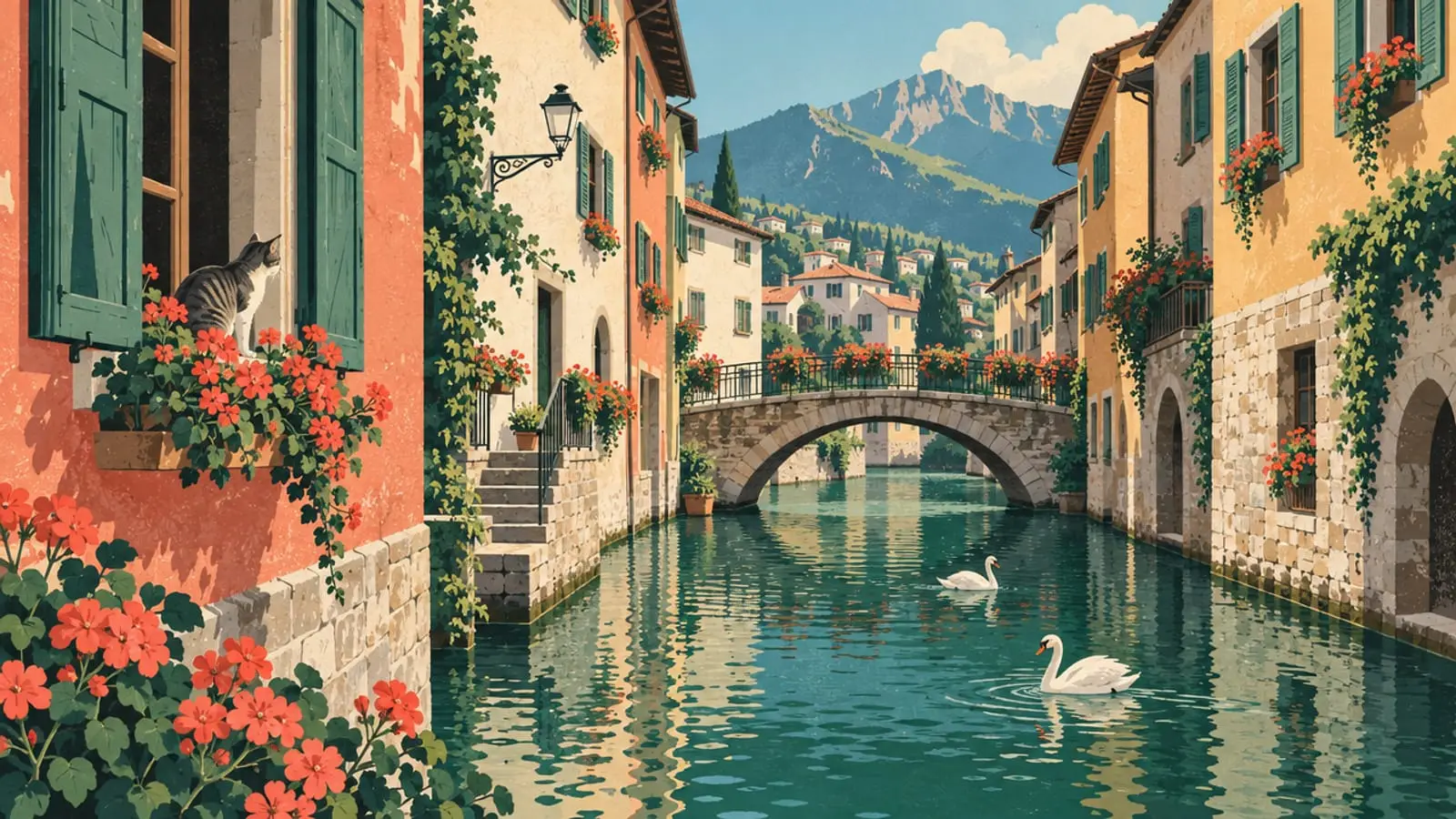 Illustration : un canal d’eau verte entre des maisons à volets, un pont de pierre et des cygnes.