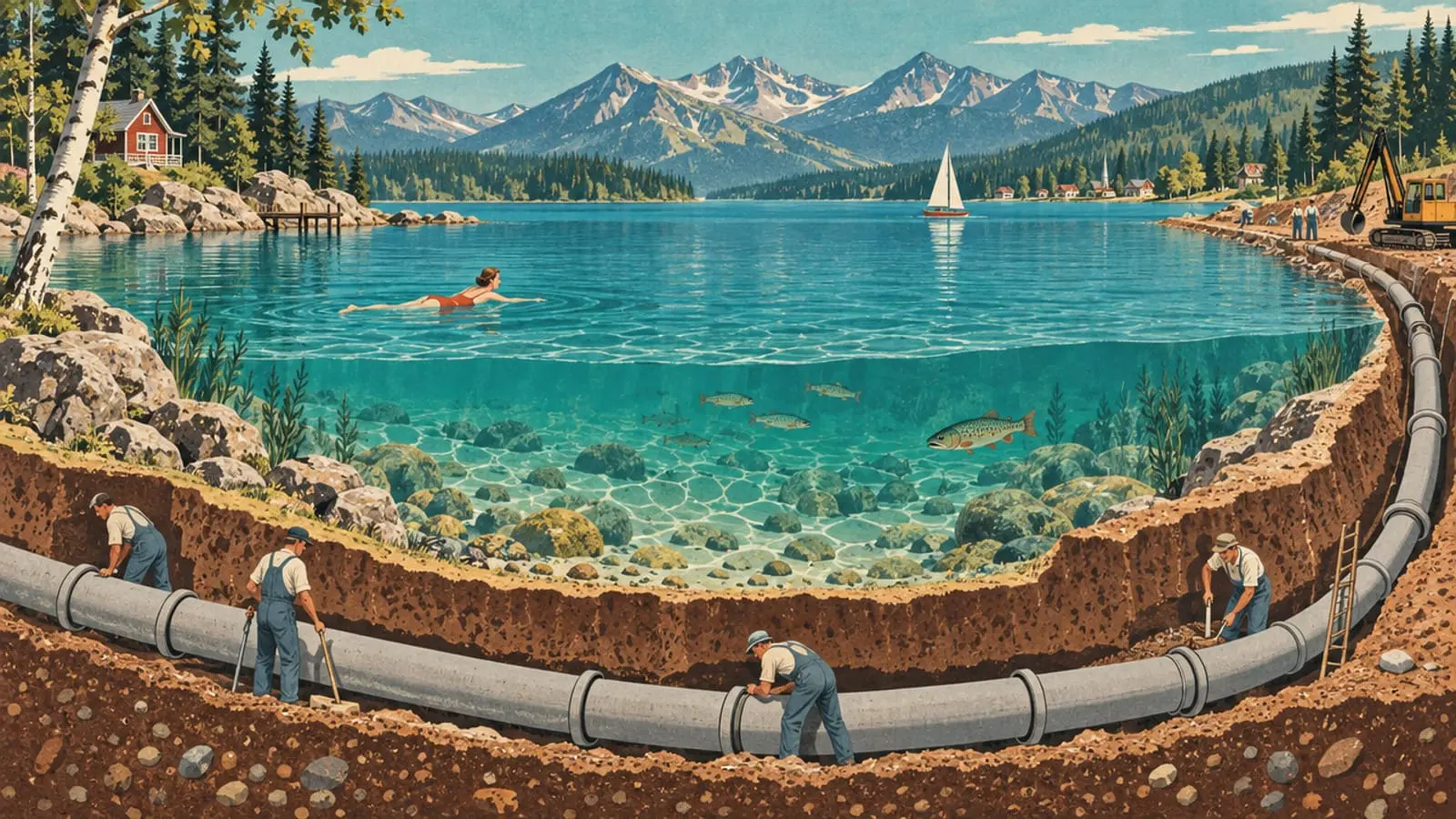 Illustration : vue en coupe d’ouvriers posant un collecteur sous la rive, au bord d’une eau limpide.