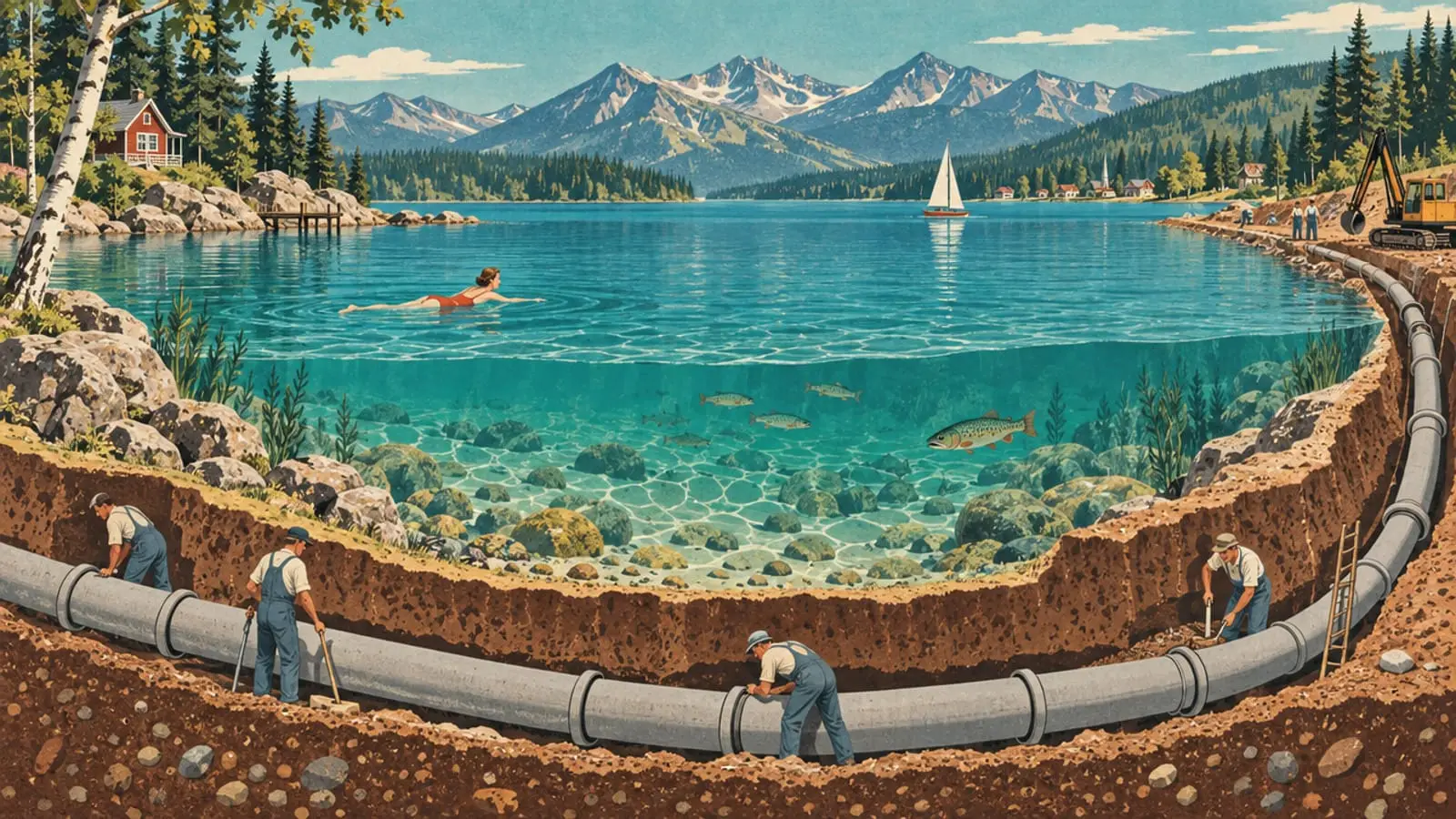 Illustration : vue en coupe d’ouvriers posant un collecteur sous la rive, au bord d’une eau limpide.