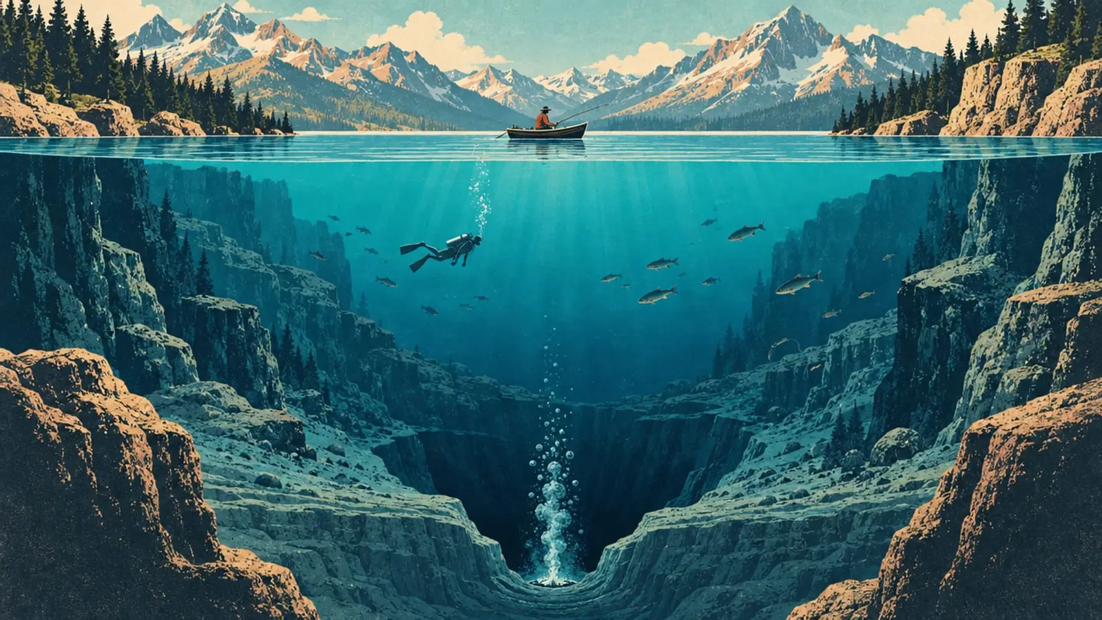 Illustration : coupe d’un lac profond, un plongeur à mi-hauteur et une source qui jaillit au fond d’un trou.