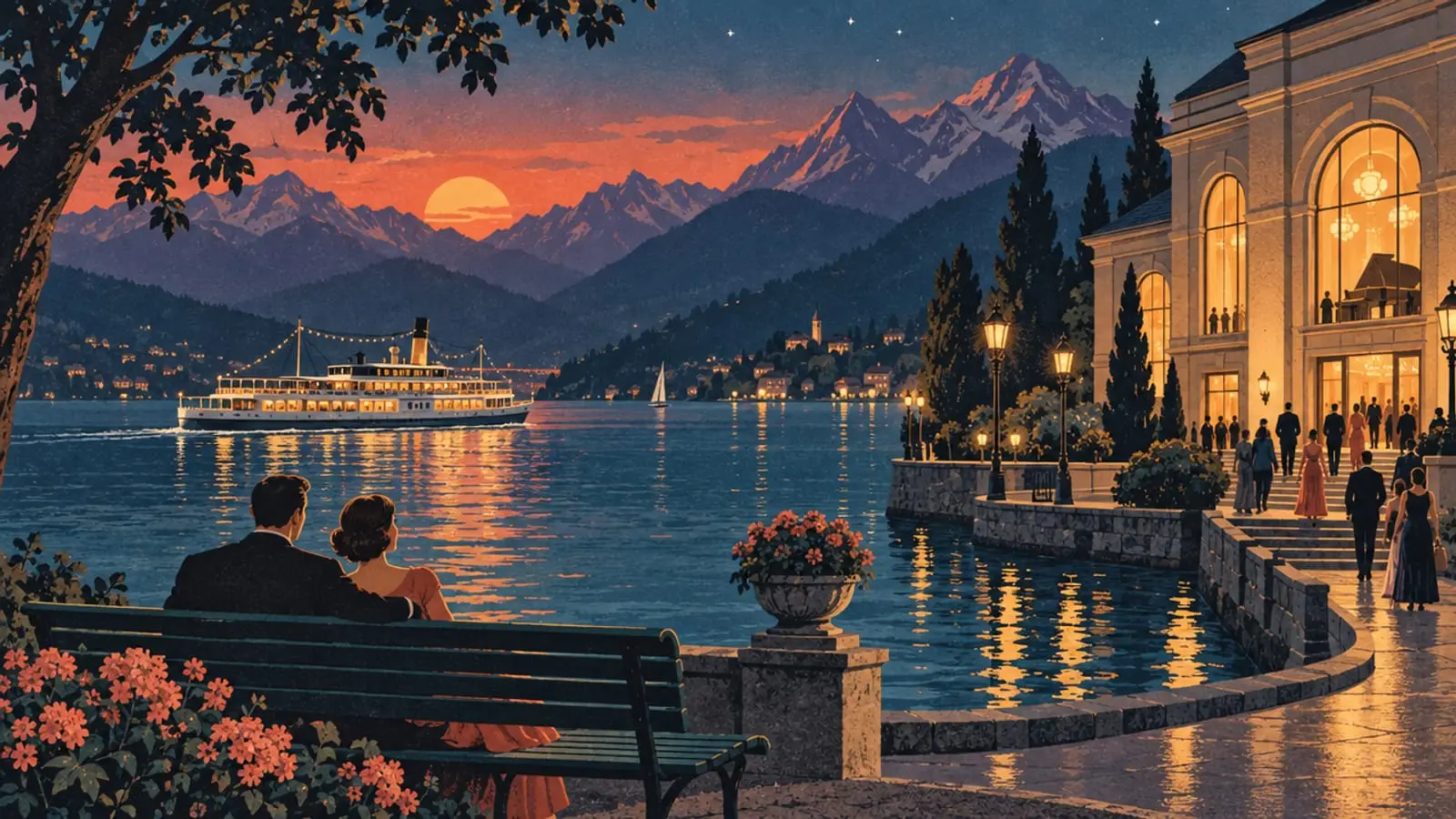 Illustration : un couple sur un banc au coucher du soleil, un bateau-restaurant éclairé et une salle de spectacle.