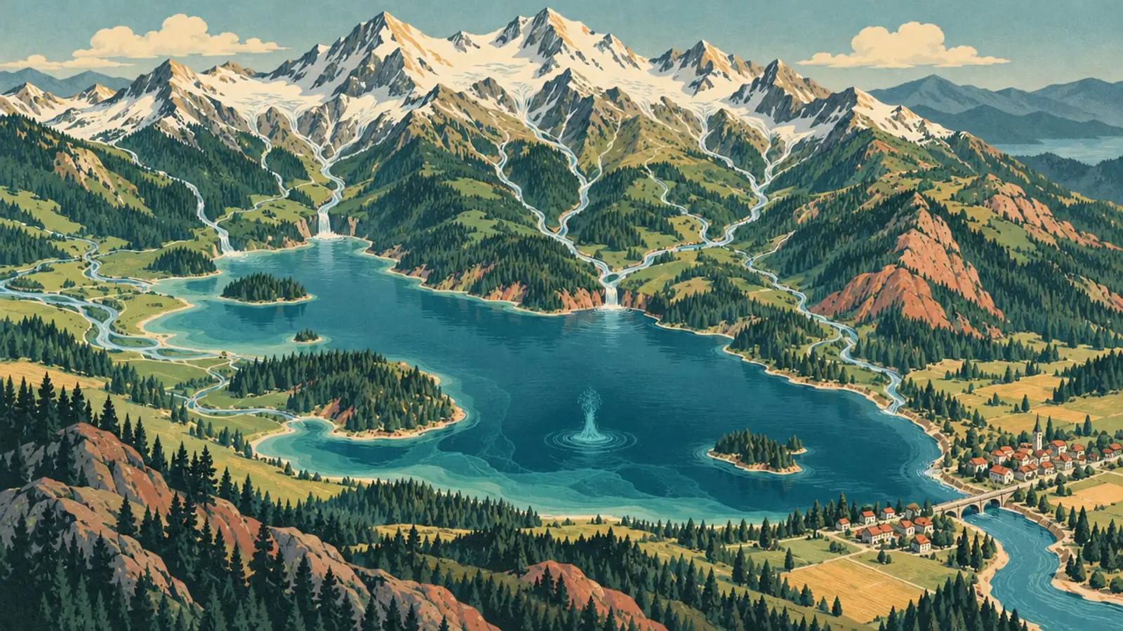Illustration : vue en relief d’un bassin versant, des torrents descendent vers un lac d’où sort une seule rivière.
