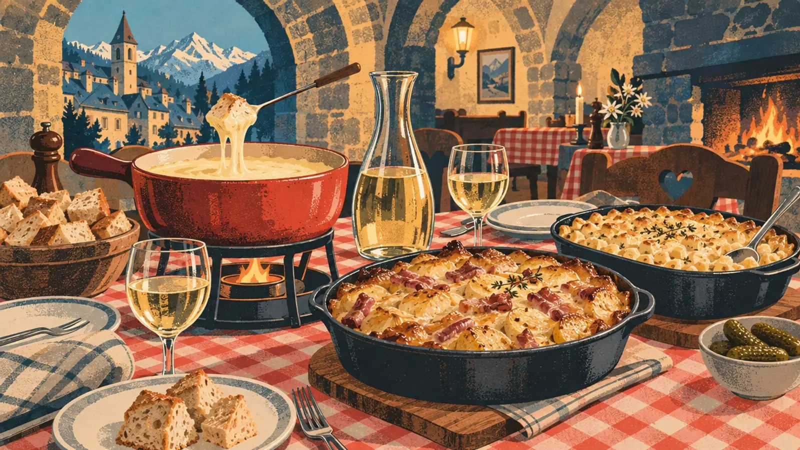 Illustration : fondue, tartiflette et gratin de crozets sur une nappe à carreaux, sous une voûte de pierre.