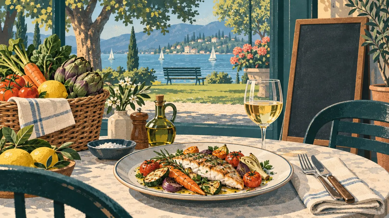 Illustration : assiette de saison et panier de légumes du marché, le parc et le lac derrière la vitre.