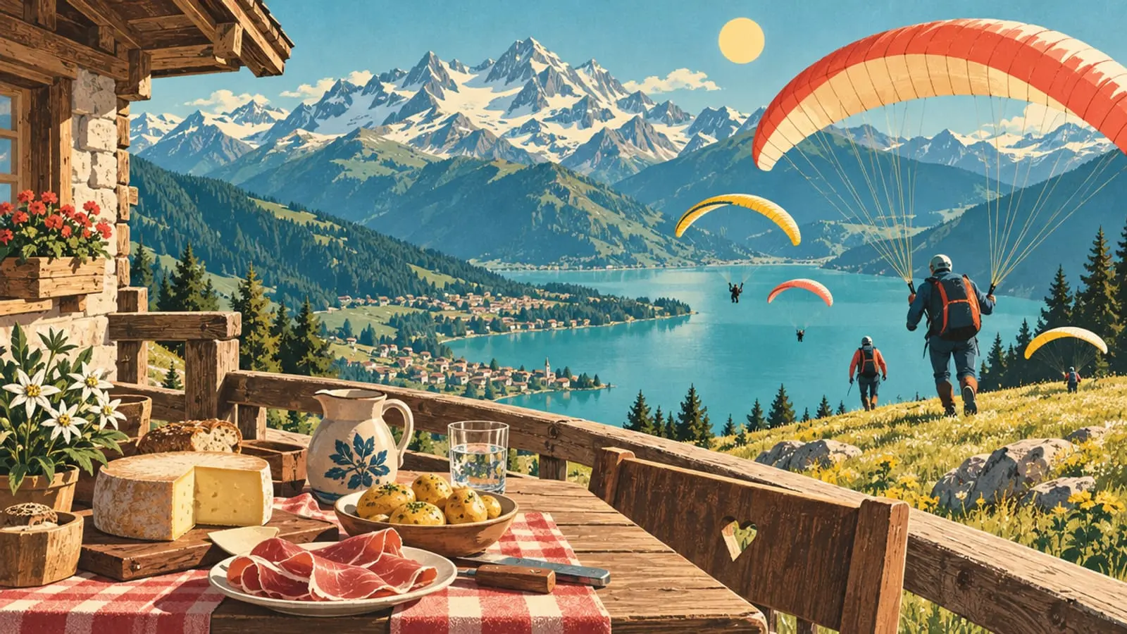 Illustration : repas savoyard sur une terrasse de montagne, parapentes qui décollent au-dessus du lac.