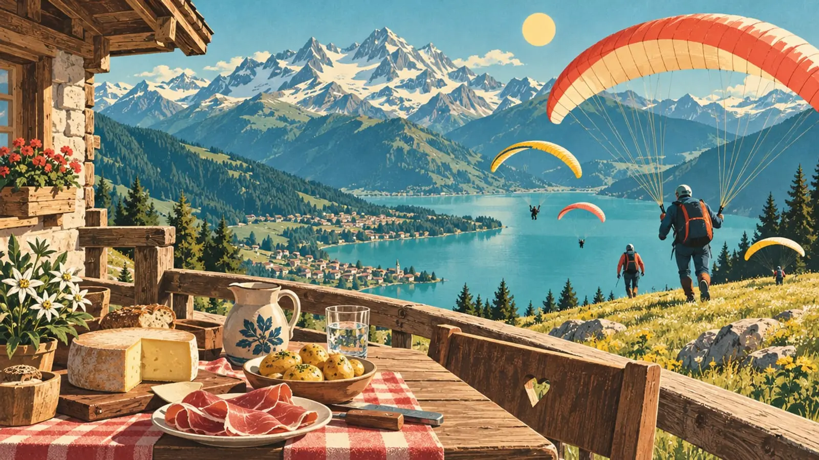 Illustration : repas savoyard sur une terrasse de montagne, parapentes qui décollent au-dessus du lac.