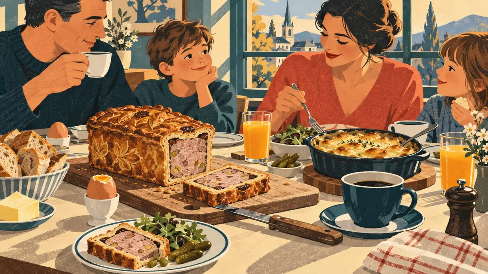 Illustration : brunch en famille autour d’un pâté en croûte doré, café et jus d’orange.