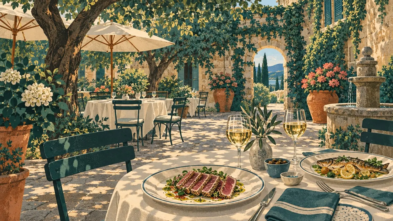 Illustration : terrasse ombragée dans une cour fleurie, tataki de thon et poisson sur la table.