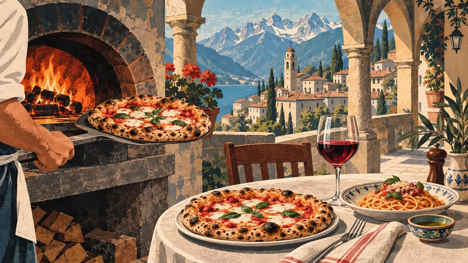 Illustration : pizza napolitaine sortie du four à bois, pâtes et vin rouge sous les arcades.