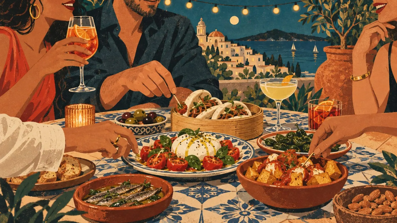 Illustration : tapas à partager, burrata, bao et cocktails sous des guirlandes lumineuses.