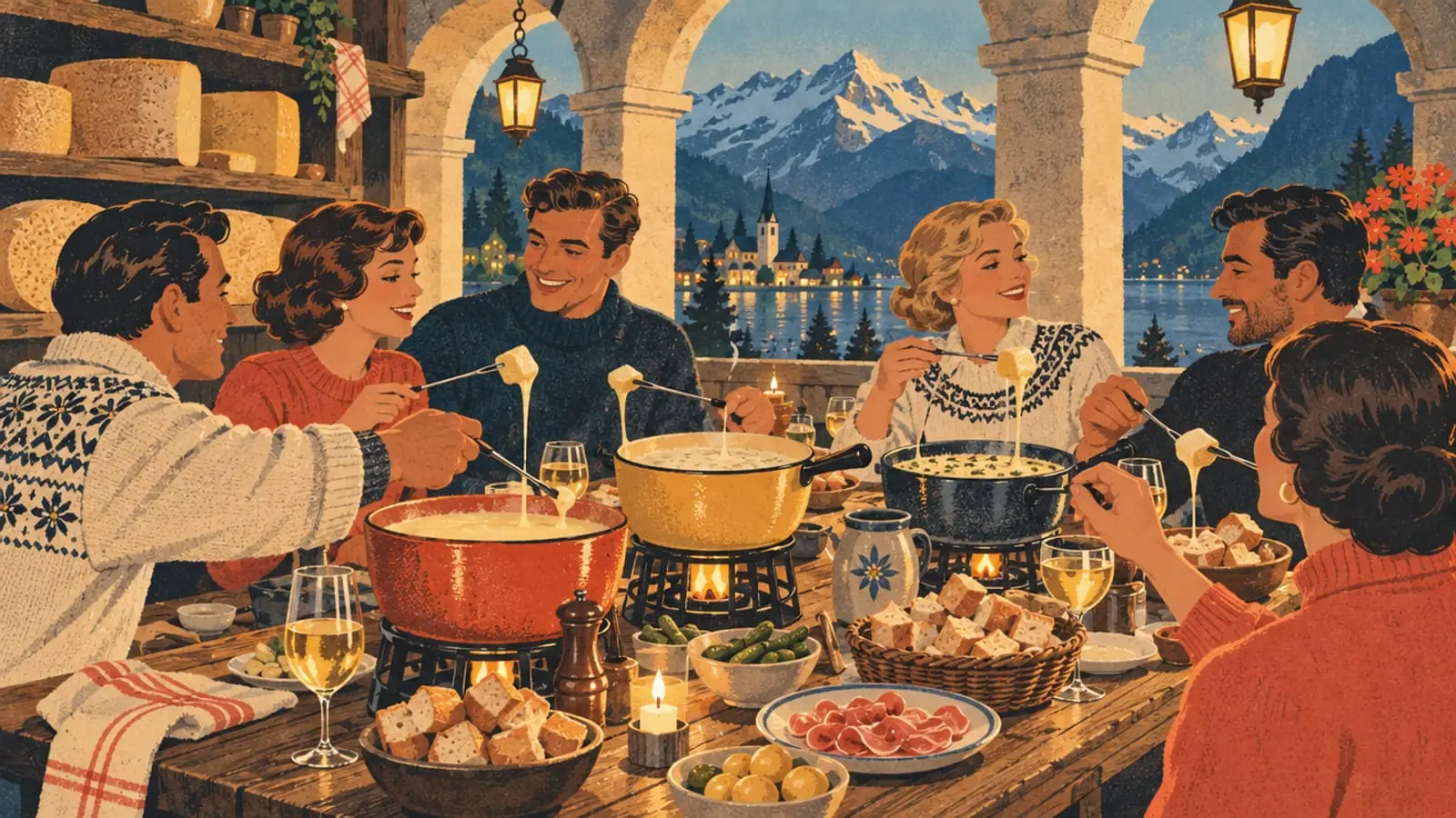 Illustration : tablée conviviale autour de plusieurs caquelons de fondue, sous des arcades.