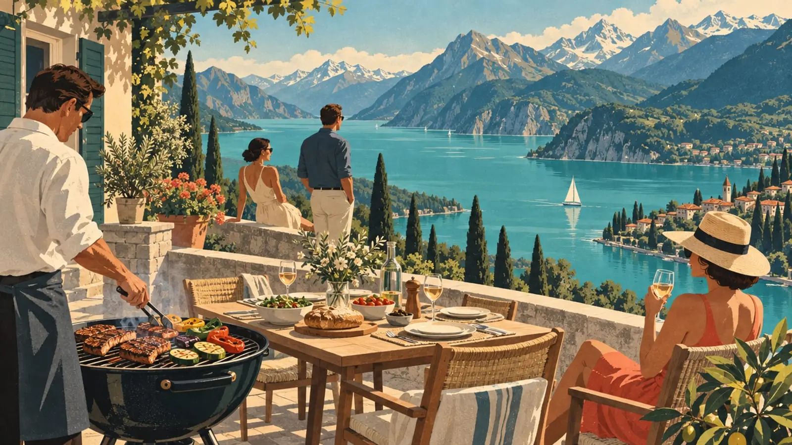 Illustration : grillades sur une terrasse qui domine un long lac turquoise et les montagnes.