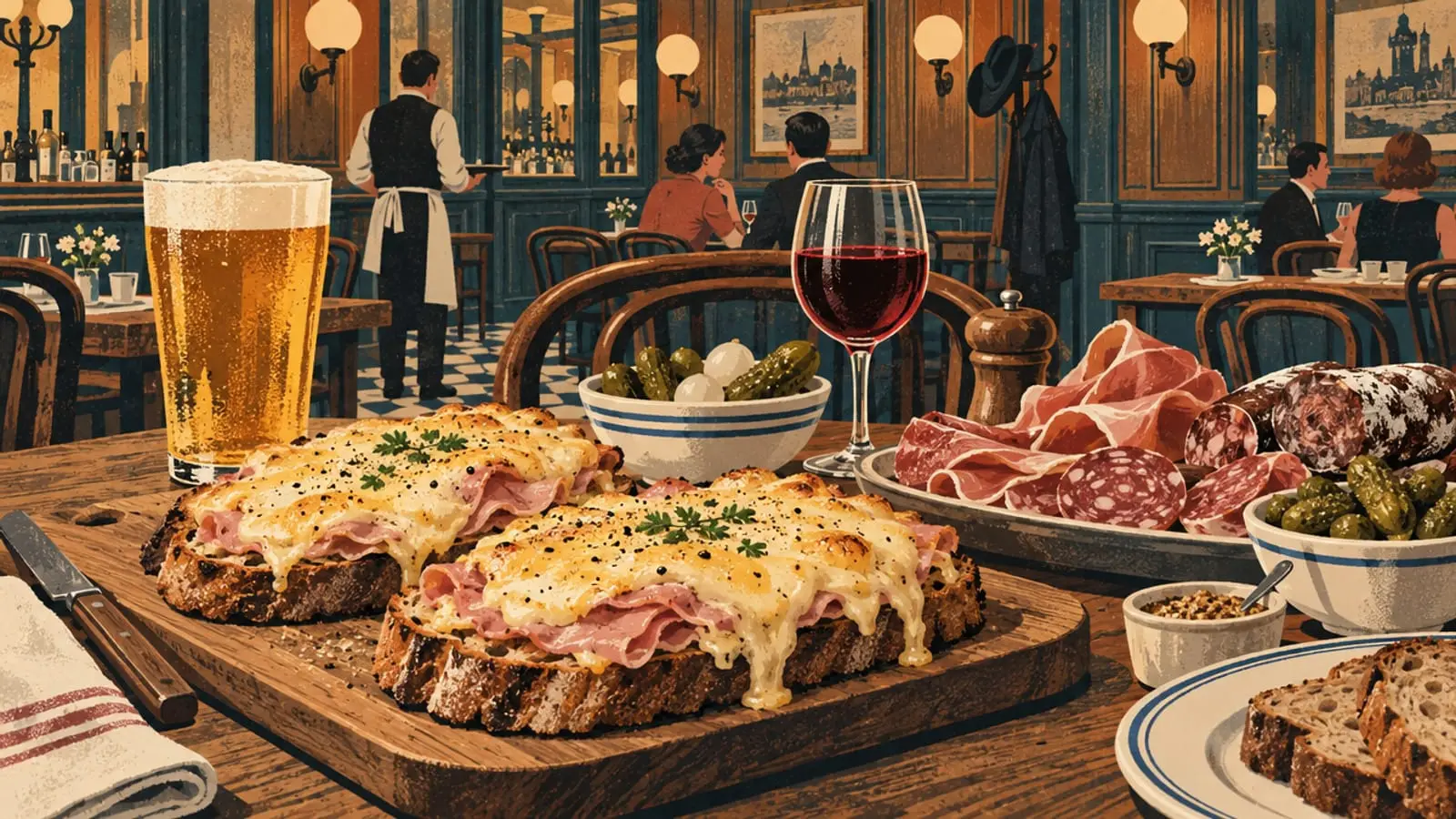 Illustration : tartines gratinées et planche de charcuterie dans une brasserie aux boiseries anciennes.