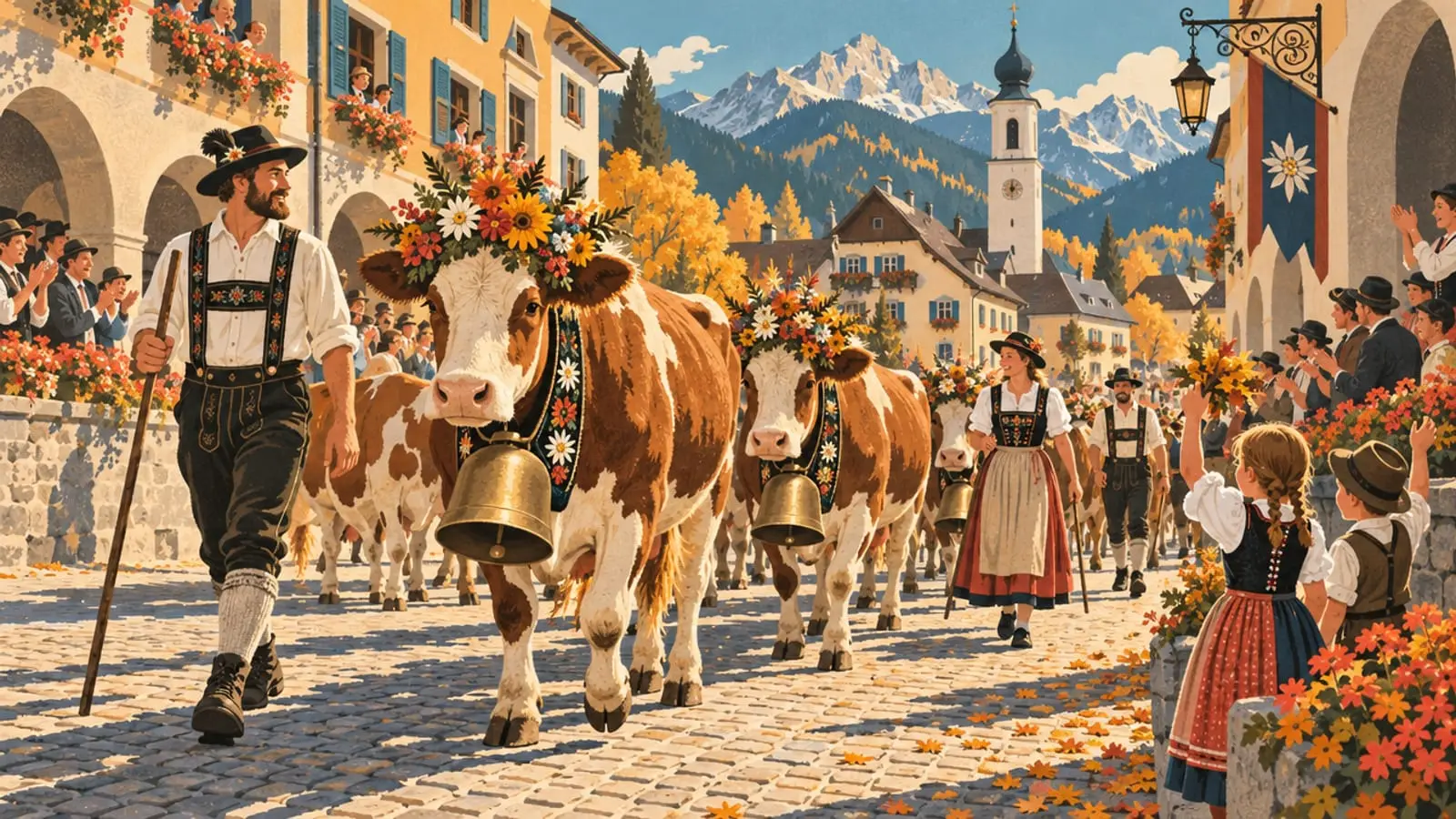 Illustration : des vaches parées de fleurs et de cloches défilent dans une rue pavée, entourées d’habitants en costume.