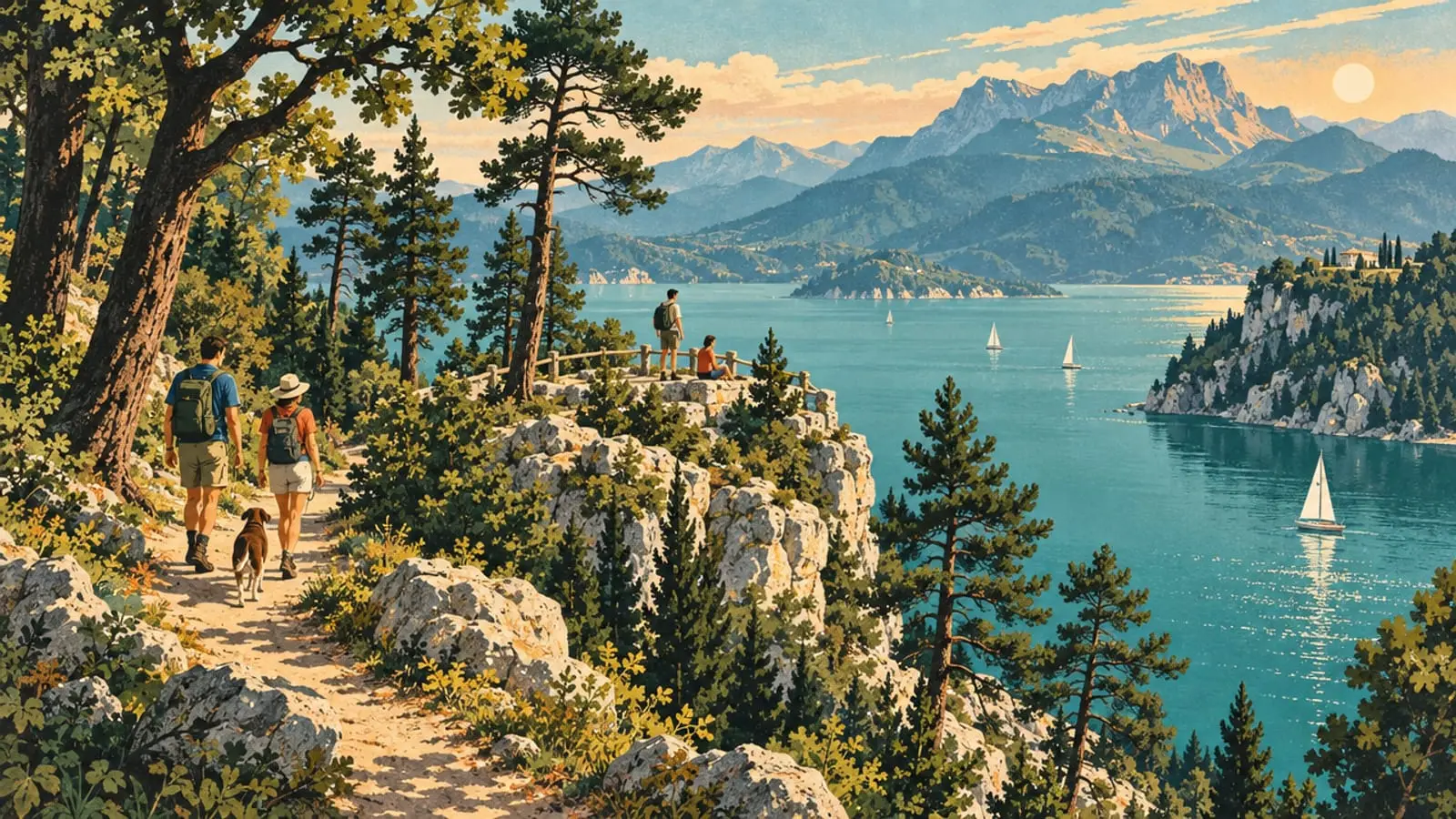 Illustration : des promeneurs sur un sentier boisé d’un promontoire rocheux avançant dans un lac turquoise.