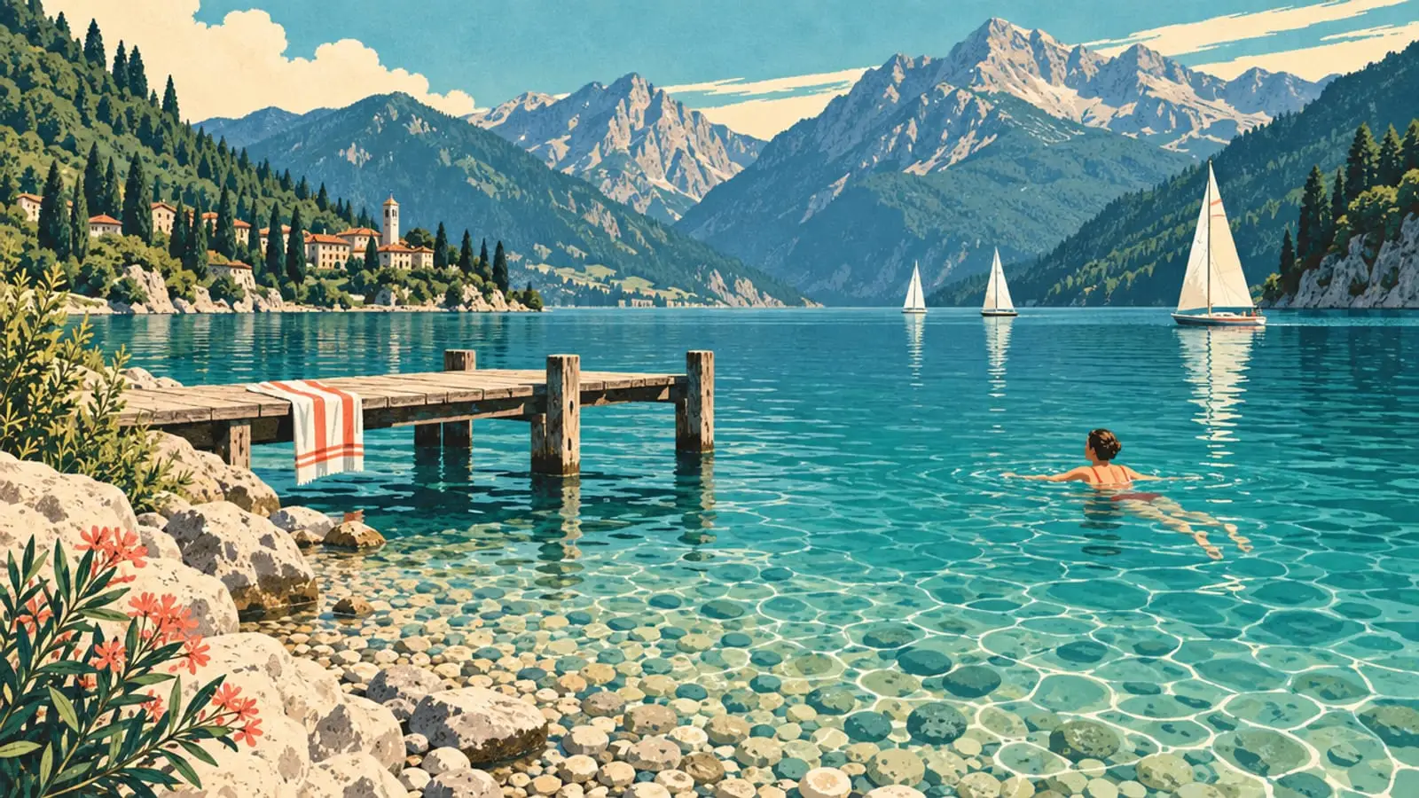 Illustration : rive d’un lac turquoise si clair qu’on voit les galets, ponton, baigneur et voiliers.