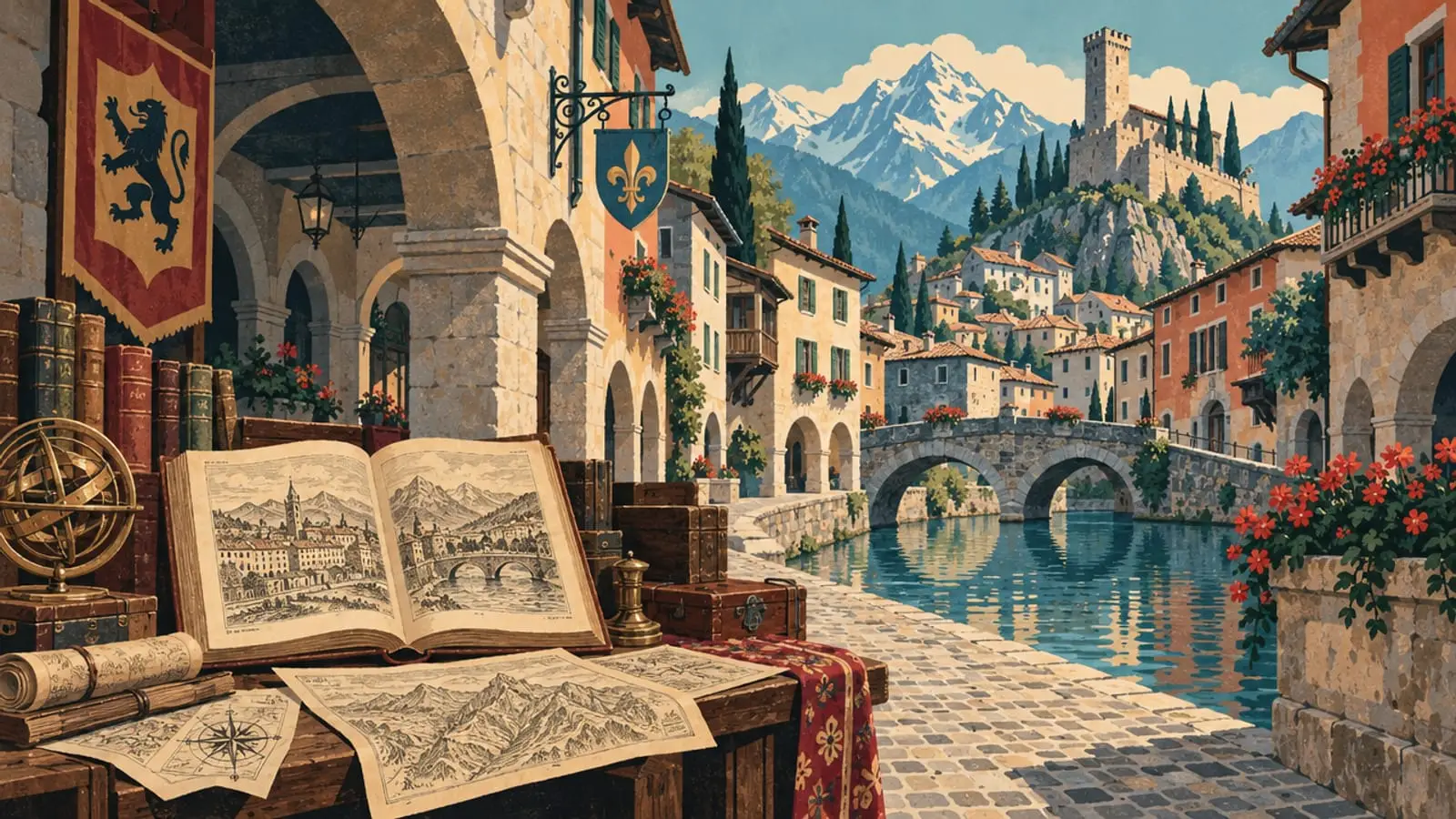 Illustration : rue médiévale à arcades, canal et vieux livres, une tour fortifiée sur la colline.