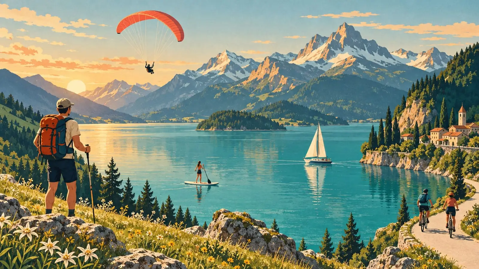 Illustration : randonneur sur une crête, parapente, paddle et cyclistes autour d’un lac de montagne.