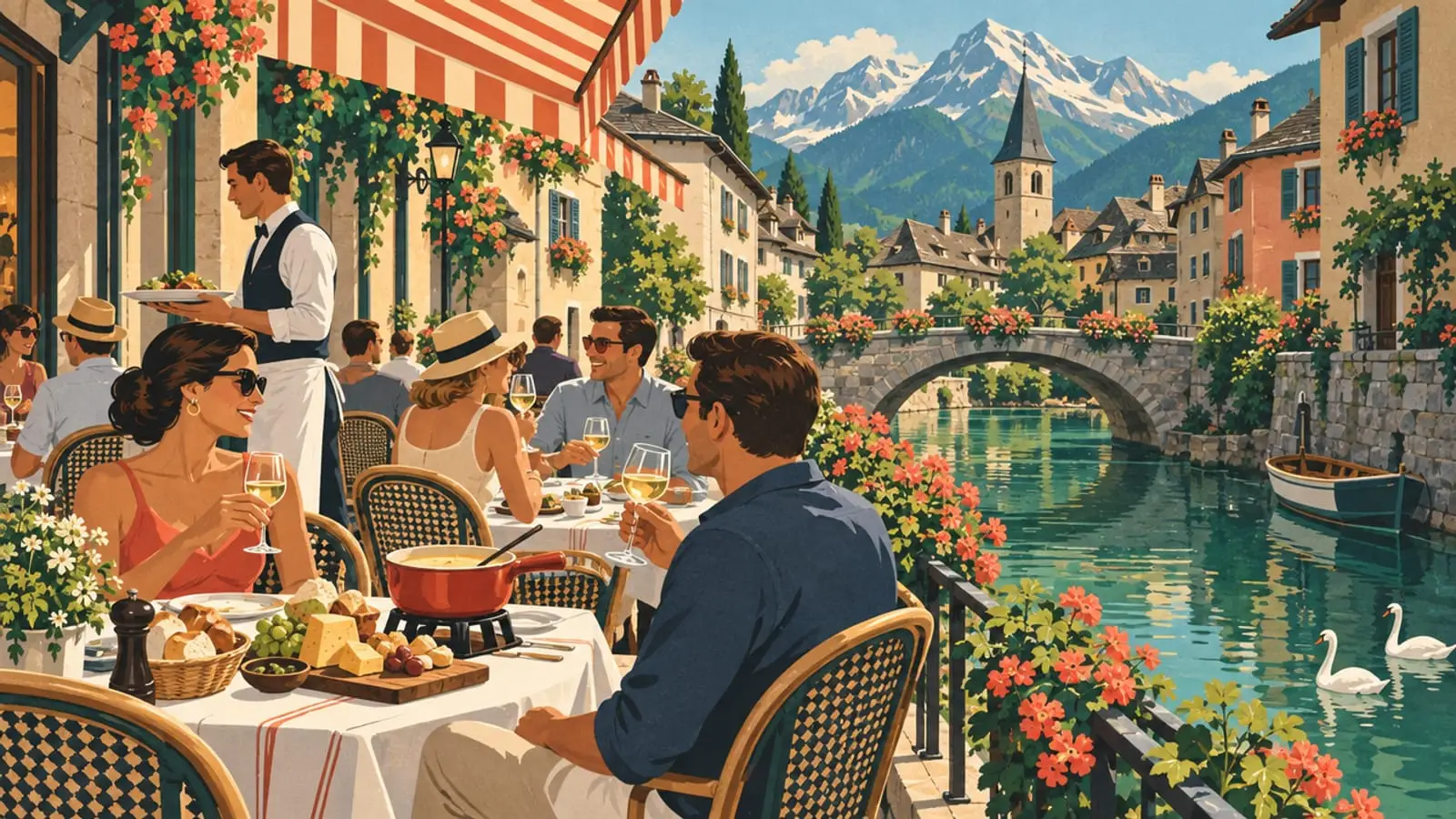 Illustration : terrasse de restaurant fleurie au bord d’un canal, fondue et vin blanc sur les tables.