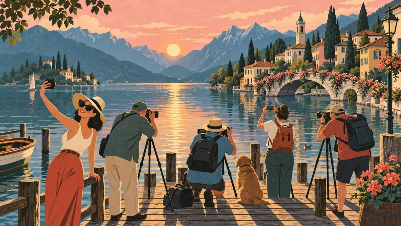 Illustration : des photographes et des selfies sur un ponton au coucher du soleil, un pont fleuri au loin.