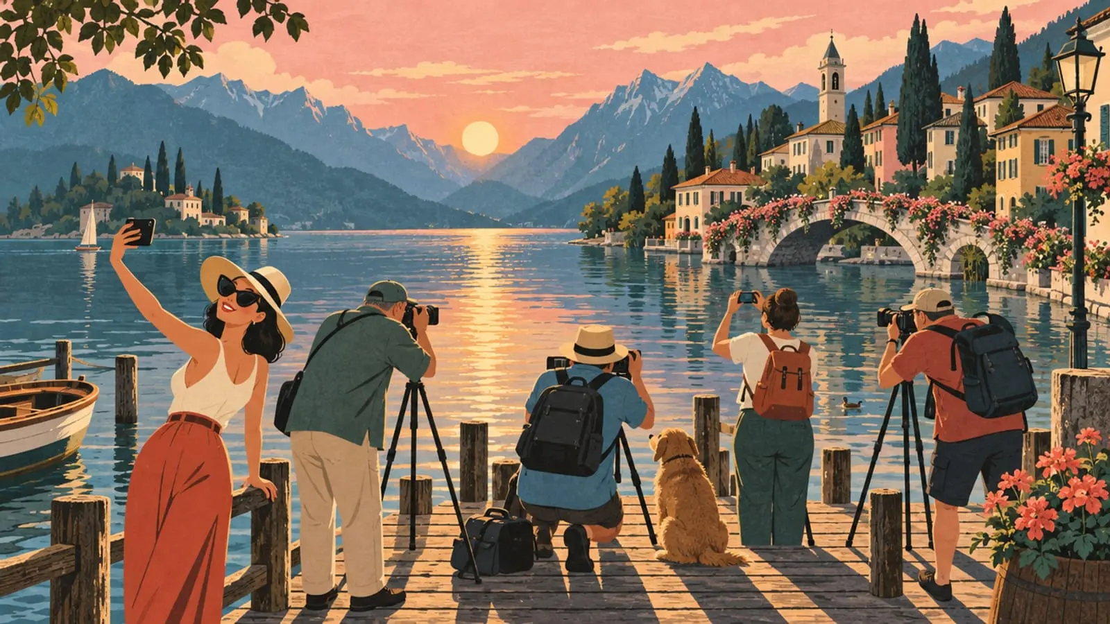 Illustration : des photographes et des selfies sur un ponton au coucher du soleil, un pont fleuri au loin.