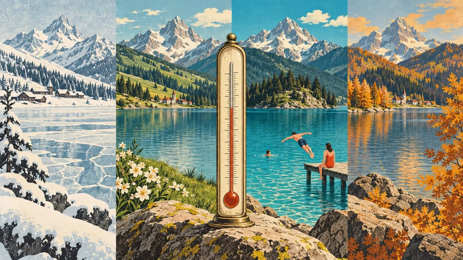 Illustration : un même lac en quatre saisons, de la glace à l’eau turquoise, avec un grand thermomètre.