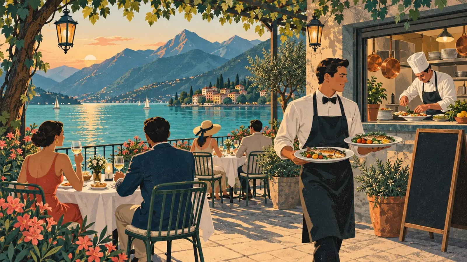 Illustration : un serveur apporte des assiettes sur une terrasse au bord du lac, le chef visible en cuisine.