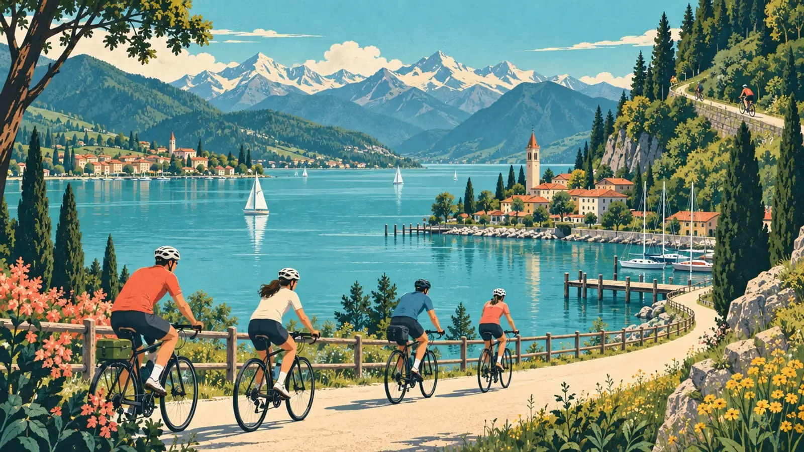 Illustration : des cyclistes sur une voie verte au bord d’un long lac turquoise, villages et pontons.