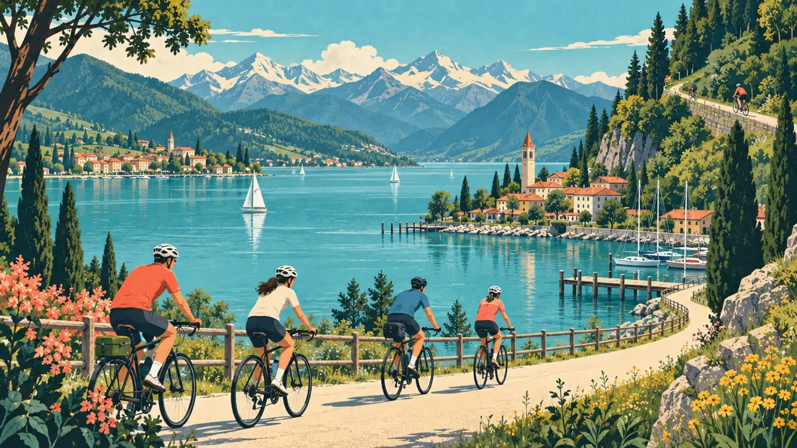 Illustration : des cyclistes sur une voie verte au bord d’un long lac turquoise, villages et pontons.