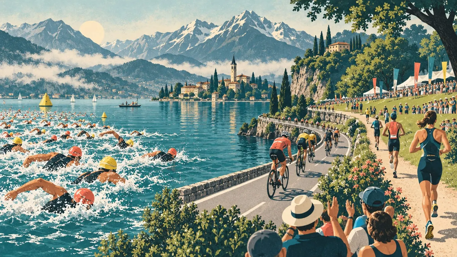 Illustration : départ de triathlon dans le lac, cyclistes sur la route et coureurs sur le chemin.