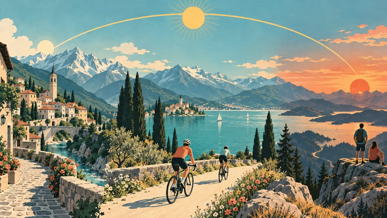 Illustration : la course du soleil sur une journée, de la vieille ville le matin au coucher sur la montagne.